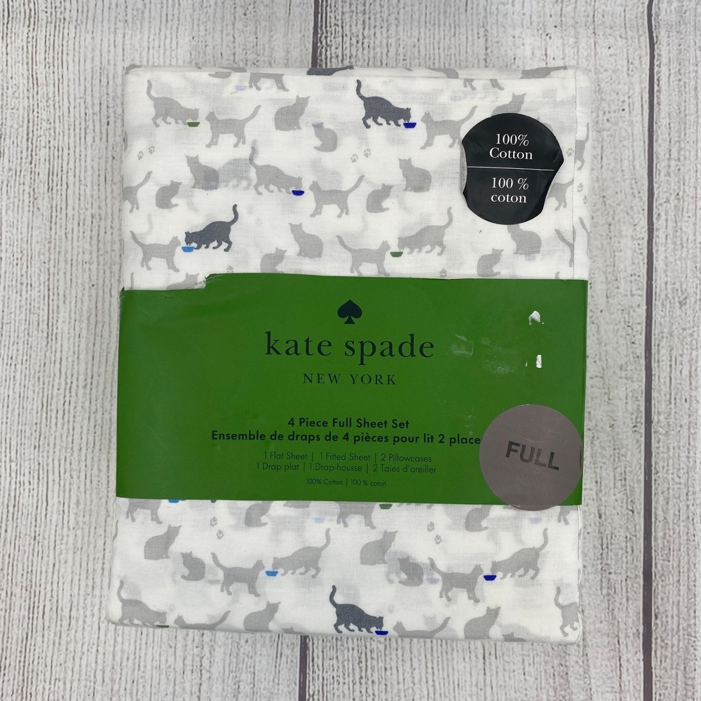 Kate Spade Sheet Set Full Grey White Cat Print 100% Cotton Animal Feline Pet
